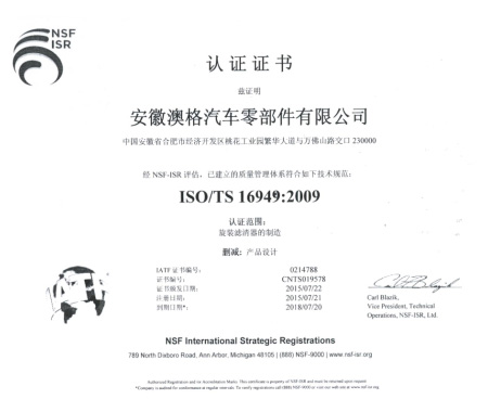 2015年安徽澳格进行ISO/TS16949:2009质量管理体系认证