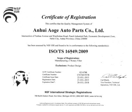 2015年安徽澳格进行ISO/TS16949:2009质量管理体系认证